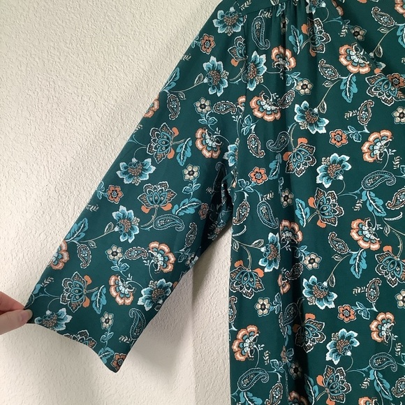 J JILL Wearever Jersey Knit Tunic Dark Green Floral Top 3/4 Sleeve Travel Work L - Picture 5 of 16